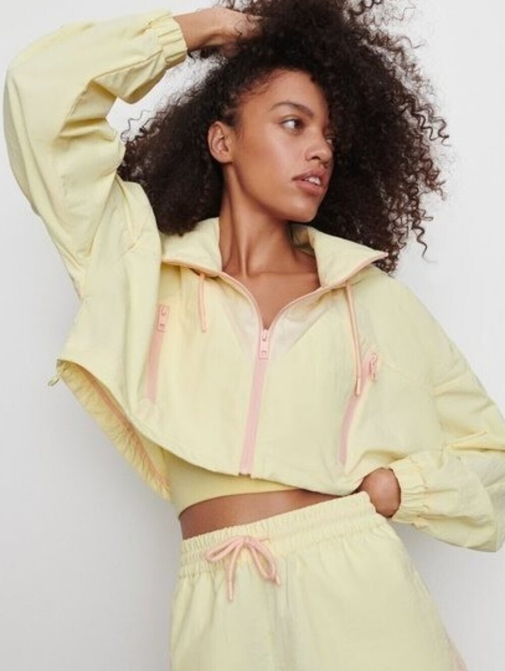 Zara Cropped Lightweight Windbreaker Jacket in Pale Sage with Pink Trim